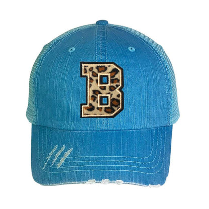 Leopard Initial Patch Washed Distressed Trucker Hat