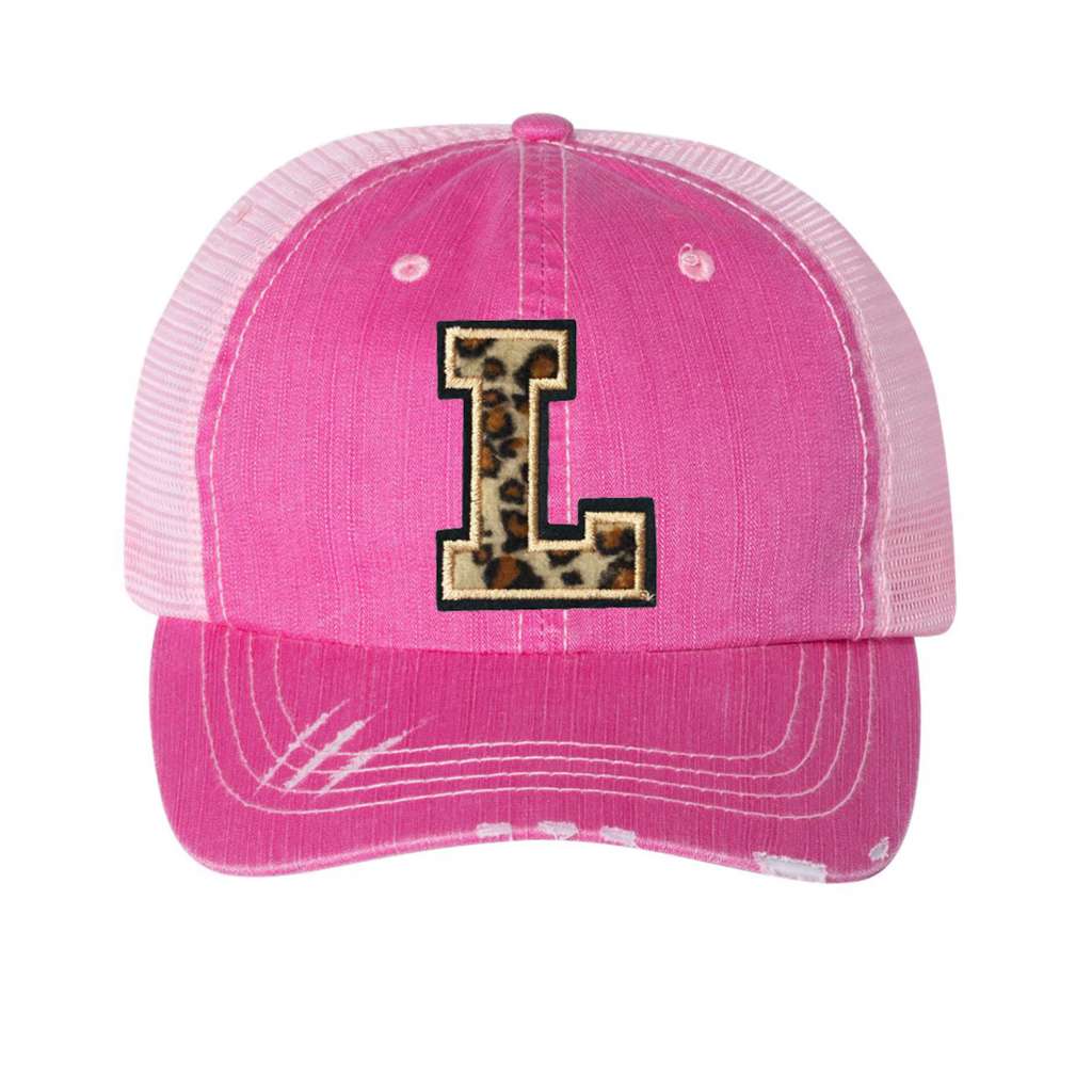 Leopard Initial Patch Washed Distressed Trucker Hat