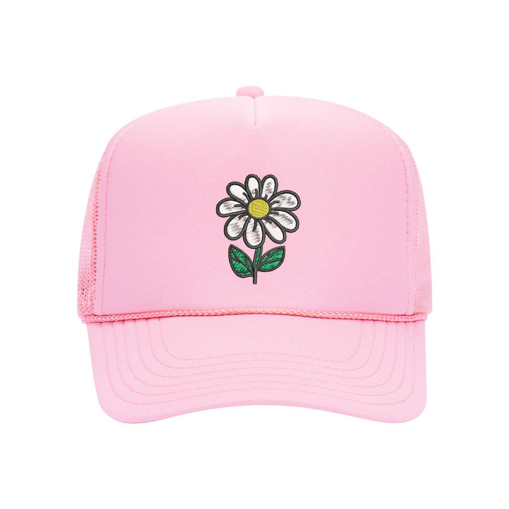 Pink foam trucker hat embroidered with a daisy stem flower- DSY Lifestyle