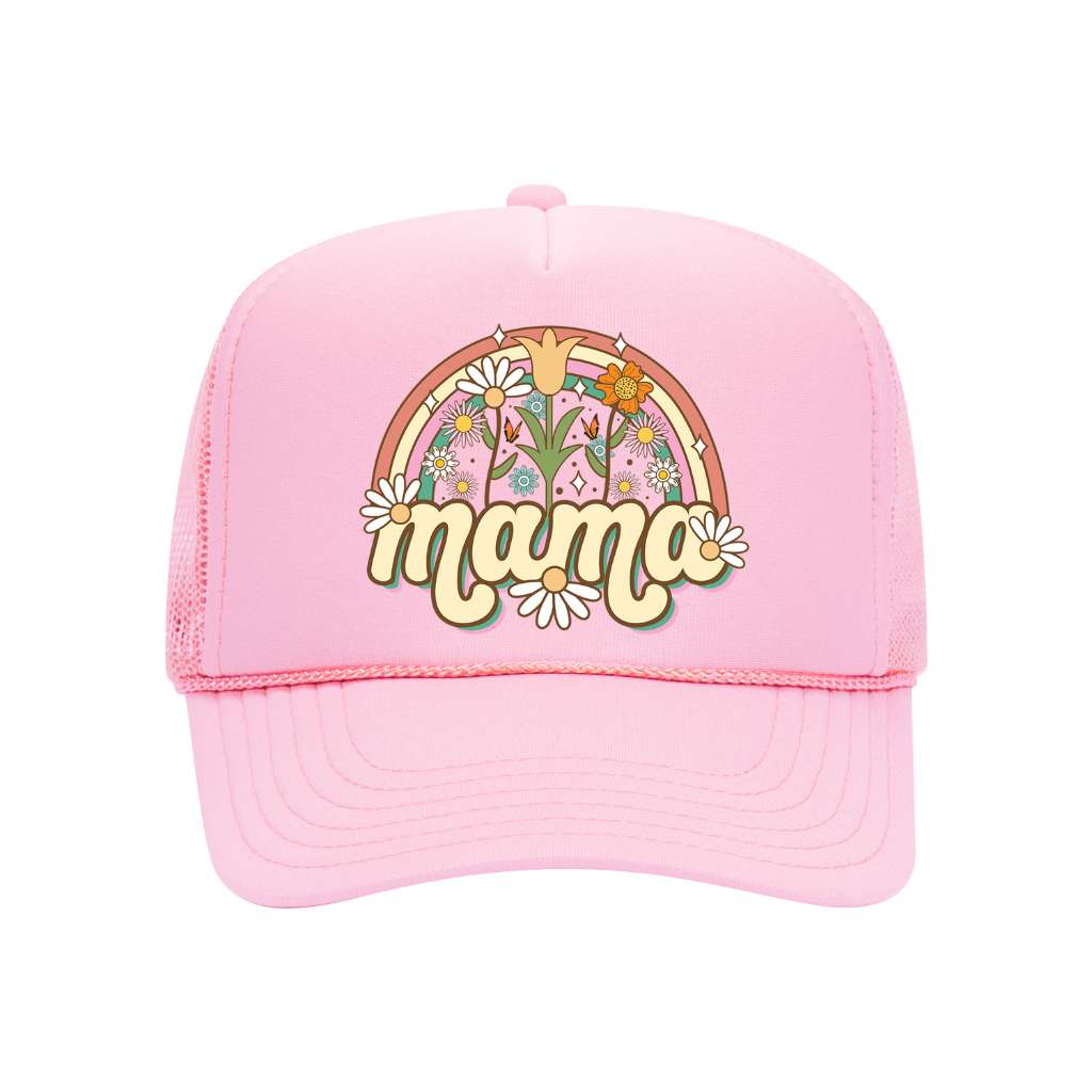 Light pink foam trucker hat embroidered with mama spring on it-DSY Lifestyle