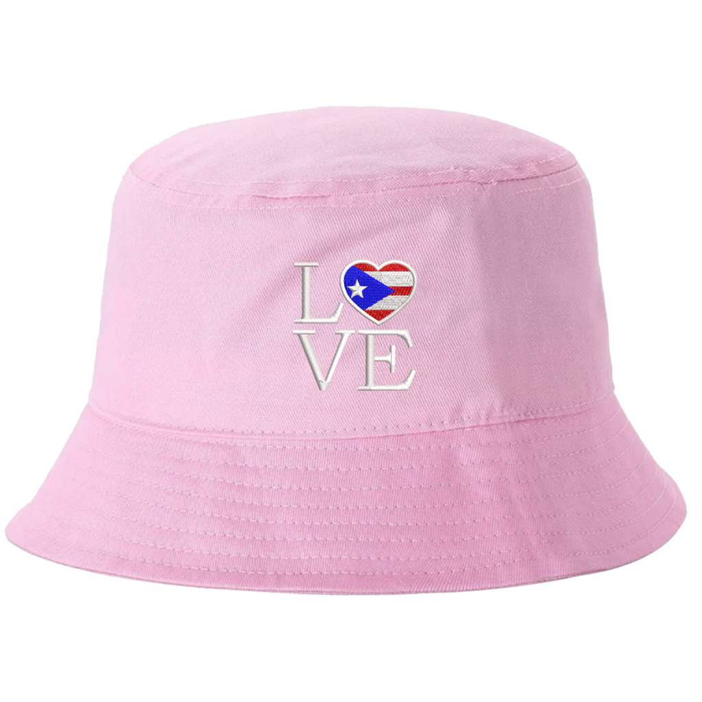 Pink bucket hag embroidered with the word love but the o is a heart and has the puerto rican flag inside- DSY Lifestyle