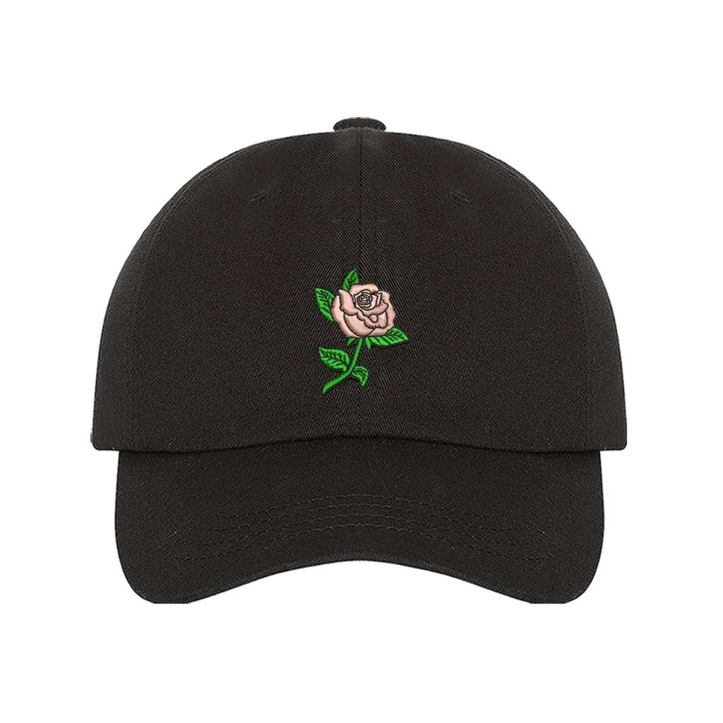 Black baseball cap embroidered with a Pink Rose - DSY Lifestyle