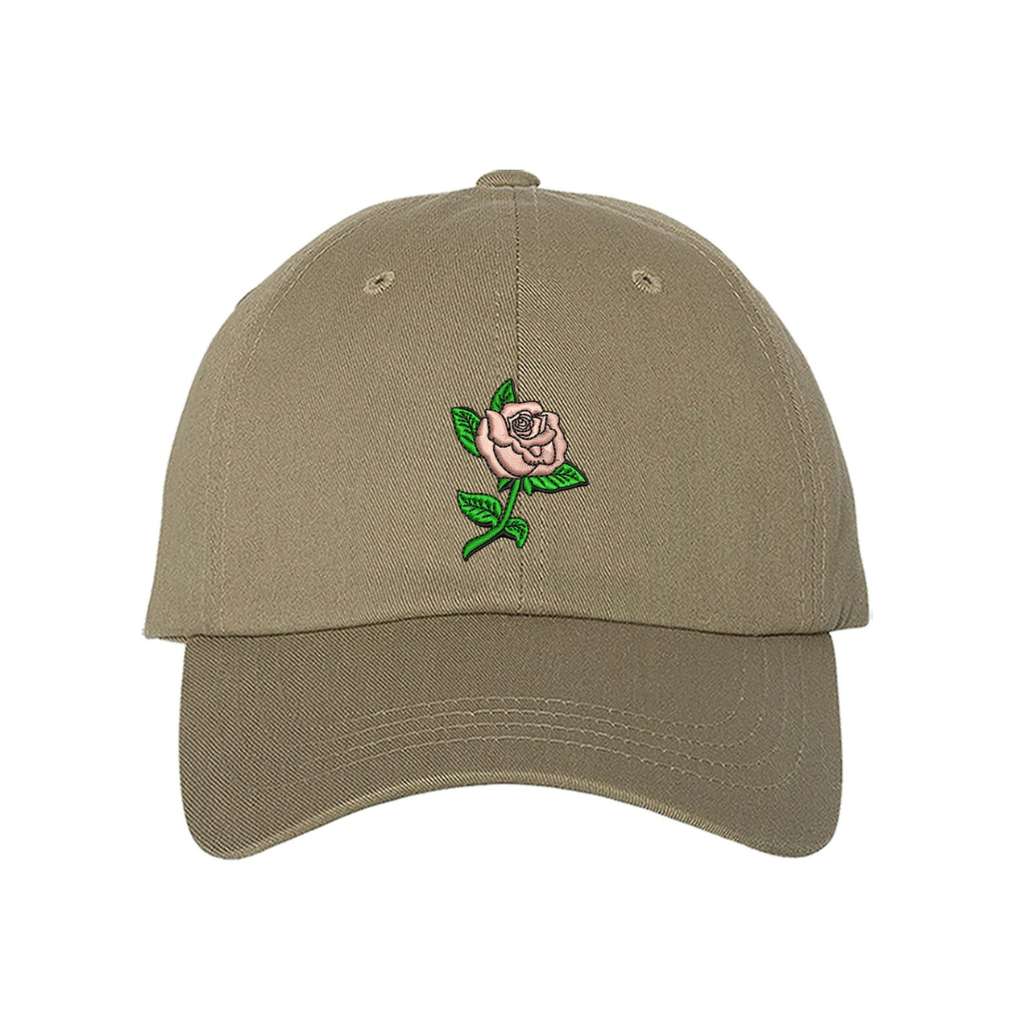 Khaki baseball cap embroidered with a Pink Rose - DSY Lifestyle