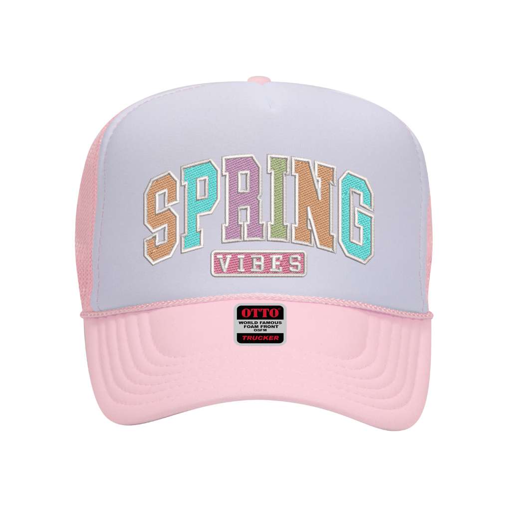 Light Pink with white front tab foam trucker hat embroidered with the phrase spring vibes on it-DSY Lifestyle