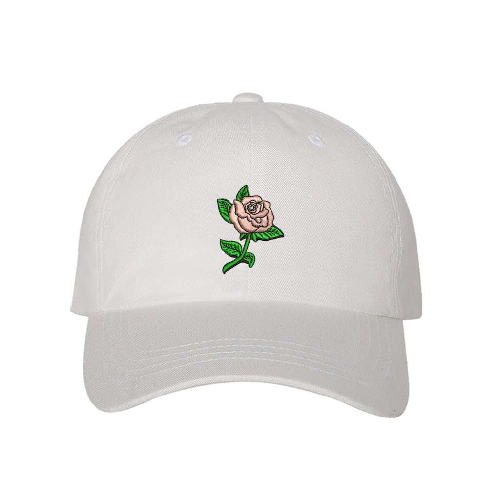 White baseball cap embroidered with a Pink Rose - DSY Lifestyle
