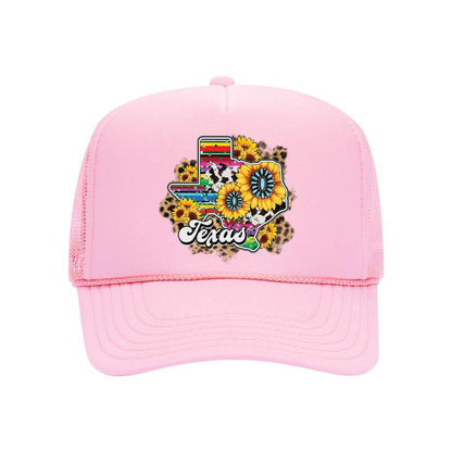 Light pink foam trucker hat printed with the texas map and sunflowers around it-DSY Lifestyle