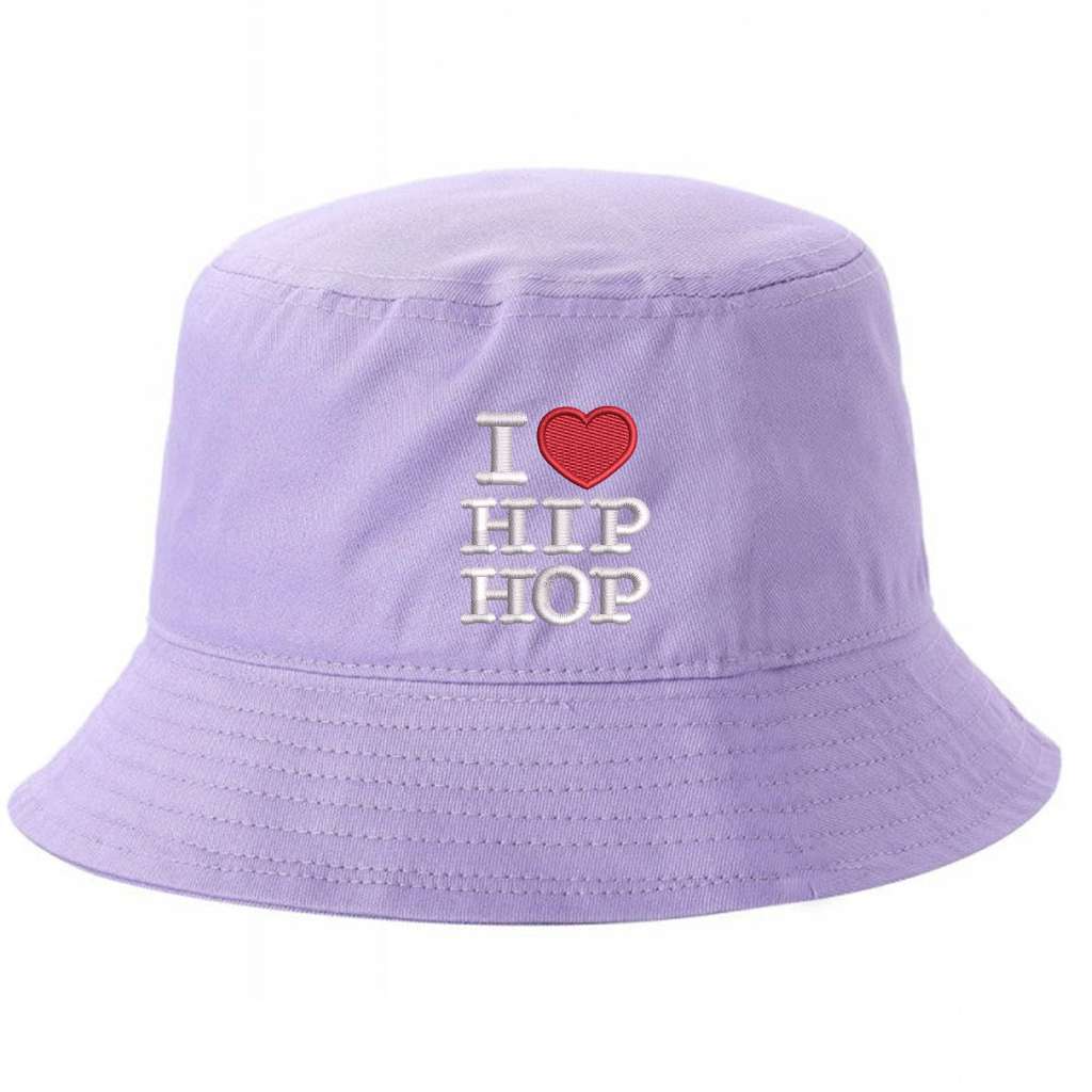 Lilac bucket hat embroidered with the phrase i love hip hop but love is a heart-DSY Lifestyle
