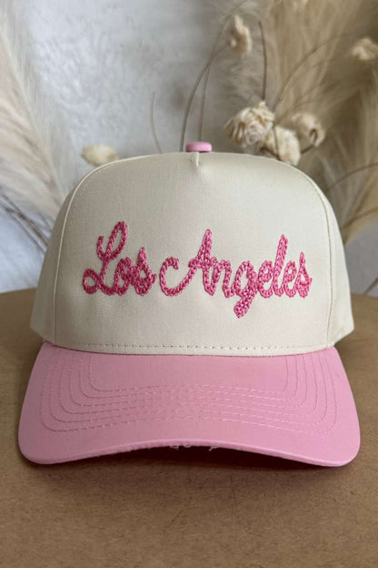 Natural with Pink bill baseball cap embroidered with Los Angeles in Pink chain link thread - DSY Lifestyle