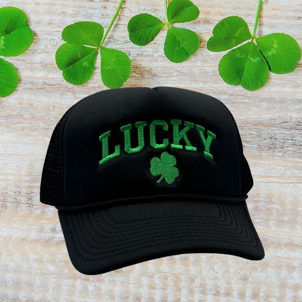 Black foam trucker hat embroidered with Lucky in green and a four leaf clover - DSY Lifestyle