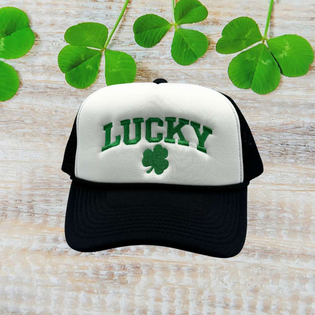 White &amp; Black foam trucker hat embroidered with Lucky in green and a four leaf clover - DSY Lifestyle