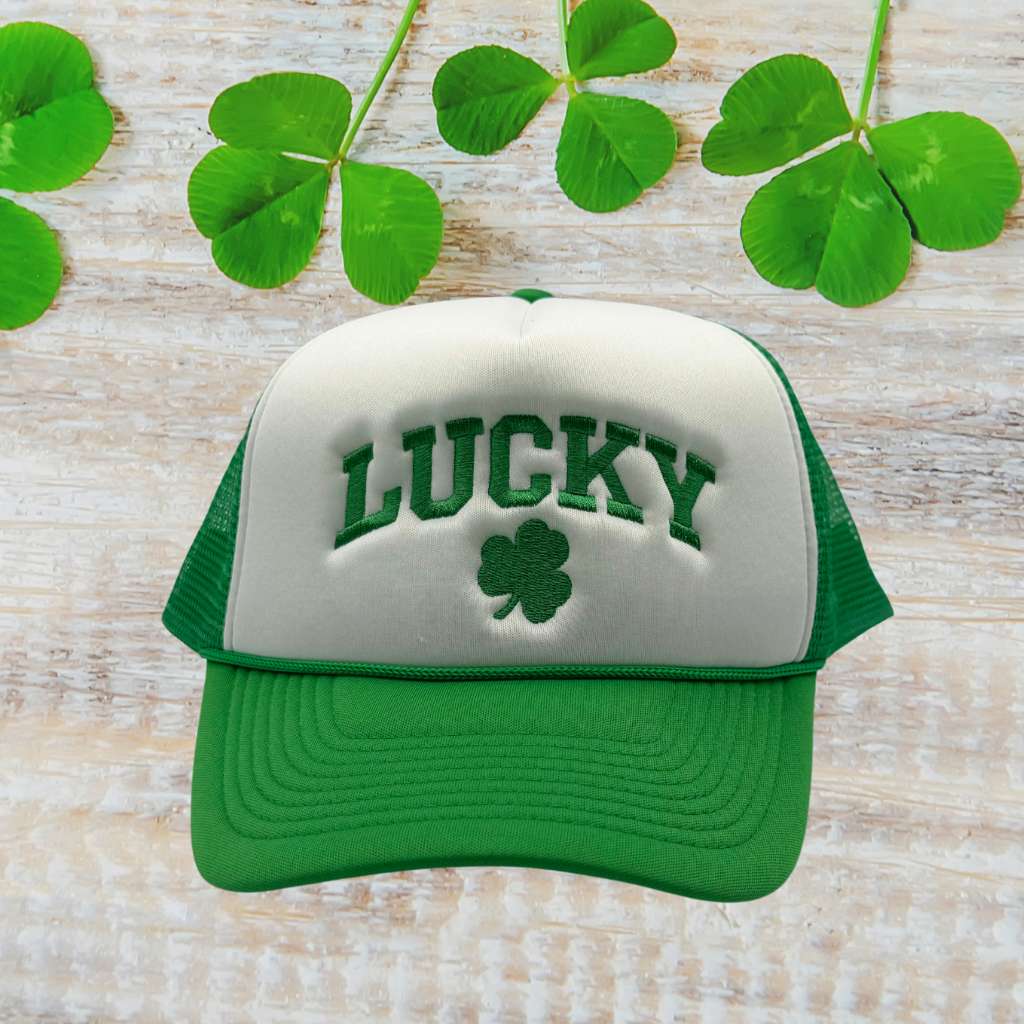 White and Green foam trucker hat embroidered with Lucky in green and a four leaf clover - DSY Lifestyle