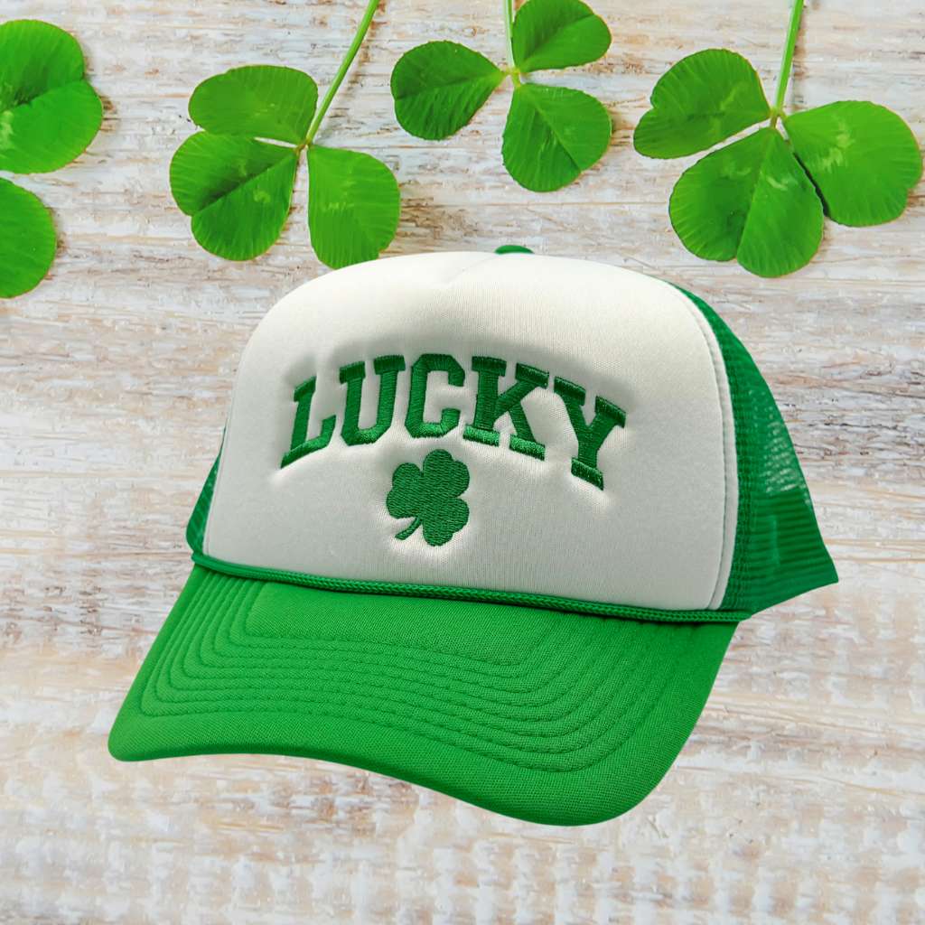 Kelly green and white foam trucker hat embroidered with Lucky in green and a four leaf clover - DSY Lifestyle