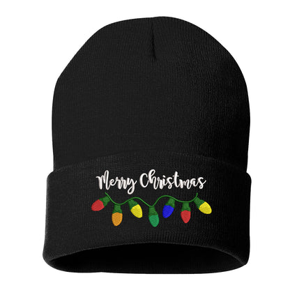 Black Merry Christmas Lights Embroidered Beanie Cap featuring festive holiday lights embroidery and soft knit material – DSY Lifestyle