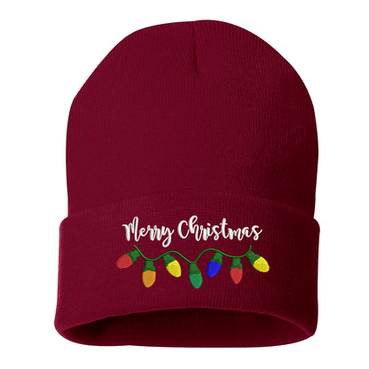 Burgundy Merry Christmas Lights Embroidered Beanie Cap featuring festive holiday lights embroidery and soft knit material – DSY Lifestyle