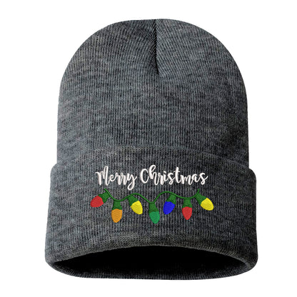 Charcoal Gray Merry Christmas Lights Embroidered Beanie Cap featuring festive holiday lights embroidery and soft knit material – DSY Lifestyle