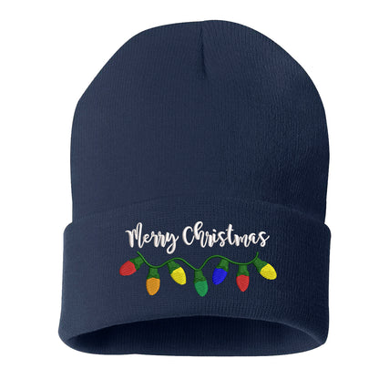 Navy Blue Merry Christmas Lights Embroidered Beanie Cap featuring festive holiday lights embroidery and soft knit material – DSY Lifestyle
