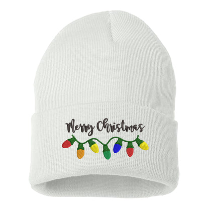White Merry Christmas Lights Embroidered Beanie Cap featuring festive holiday lights embroidery and soft knit material – DSY Lifestyle