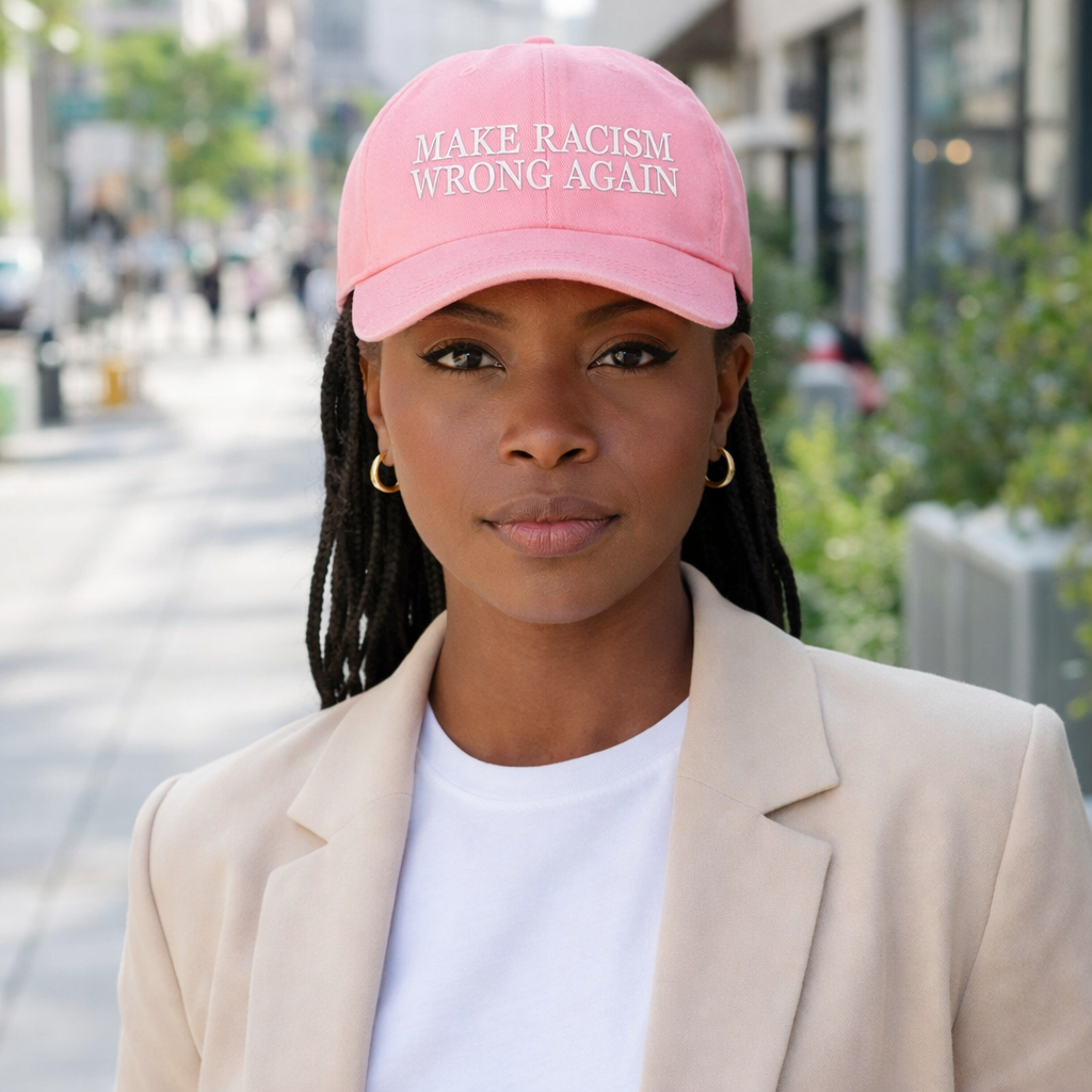 Female wearing a Pink DSY Lifestyle washed cotton baseball hat featuring the phrase Make Racism Wrong Again in bold, professional embroidery. - DSY Lifestyle
