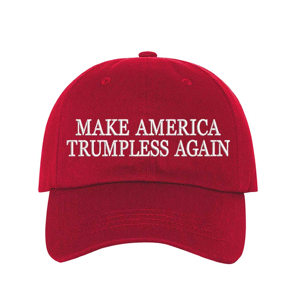 Red Make America Trumpless Again Embroidered Baseball Hat featuring bold statement embroidery, classic baseball design, and adjustable hook and loop closure – DSY Lifestyle