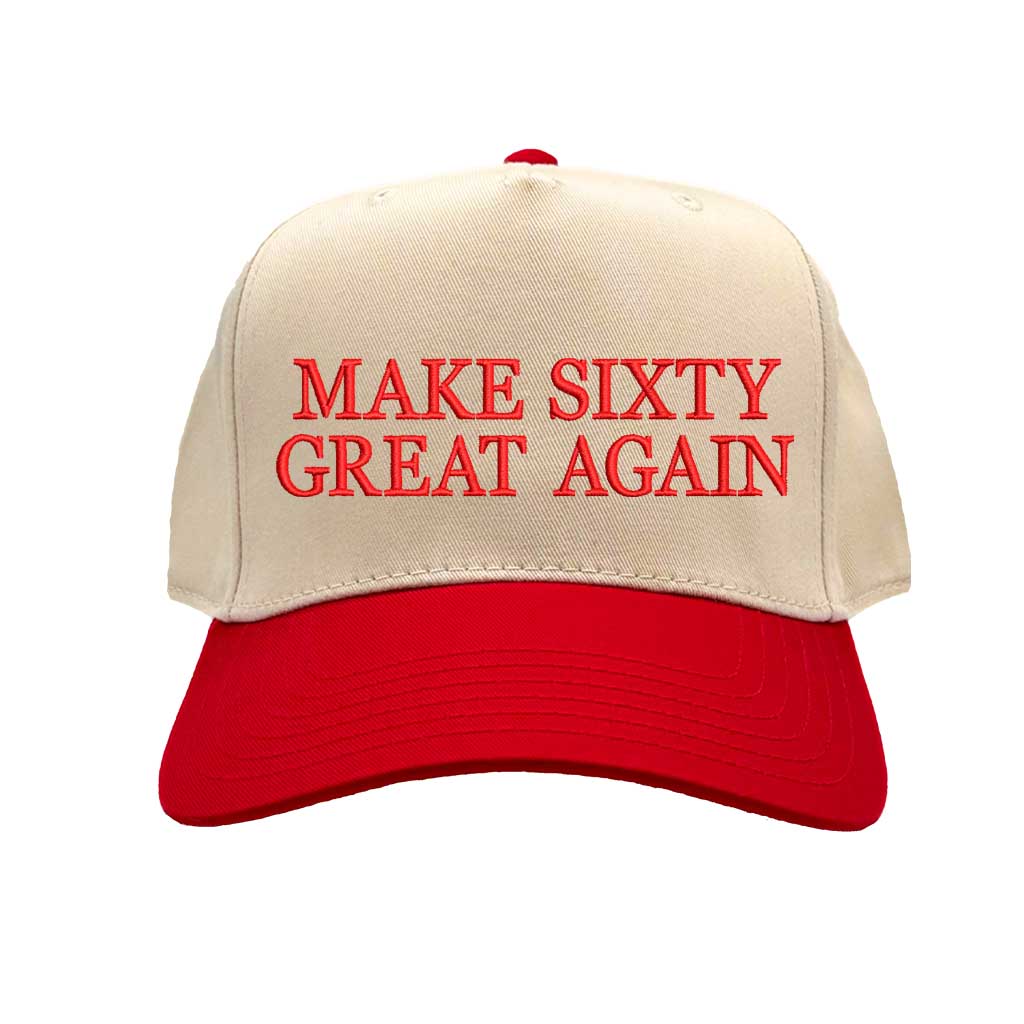Natural Red Make Sixty Great Again Two-Tone Baseball Hat, a bold birthday statement hat for confident sixty-plus style. DSY Lifestyle.