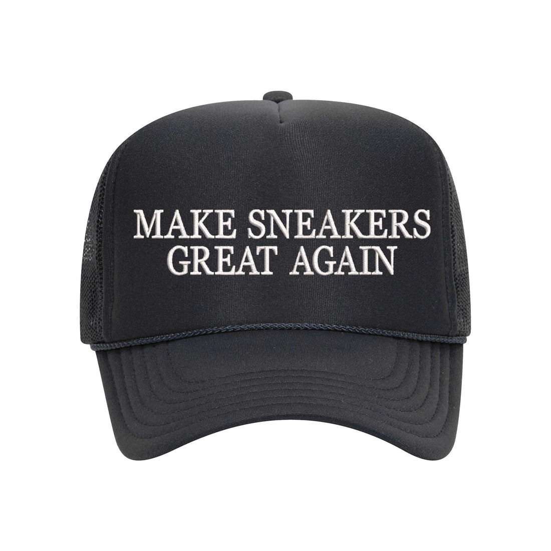 Black trucker hat embroidered with the phrase make sneakers great again-DSY Lifestyle