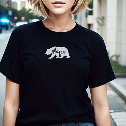 Female wearing a black t-shirt embroidered with a mama bear - DSY Lifestyle