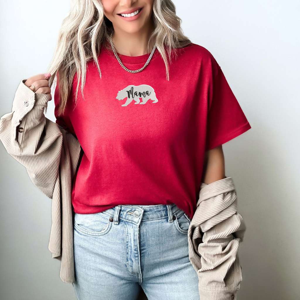 Female wearing a burgundy t-shirt embroidered with a mama bear - DSY Lifestyle