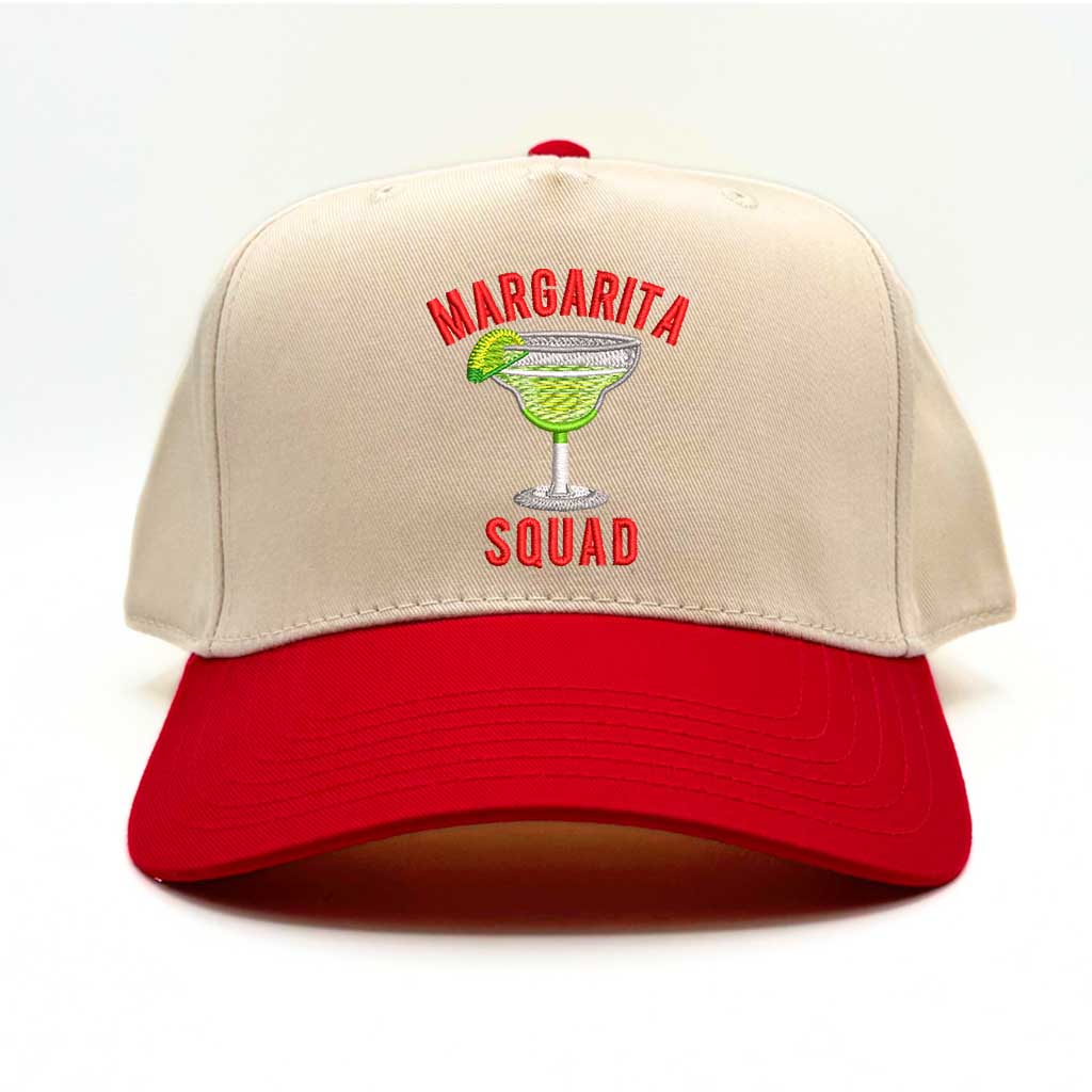 Natural baseball hat with red colored bill and margarita squad embroidered in red  embroidery-DSY Lifestyle