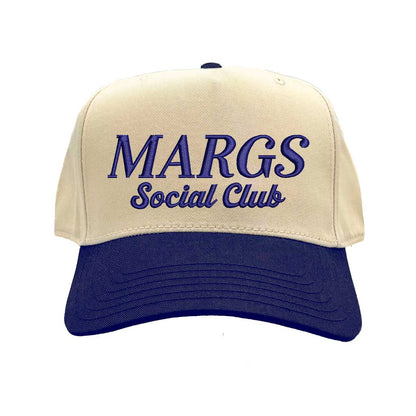 Natural Navy Blue Two-tone embroidered trucker baseball hat with “Margs Social Club” stitched on front, adjustable snapback closure – DSY Lifestyle