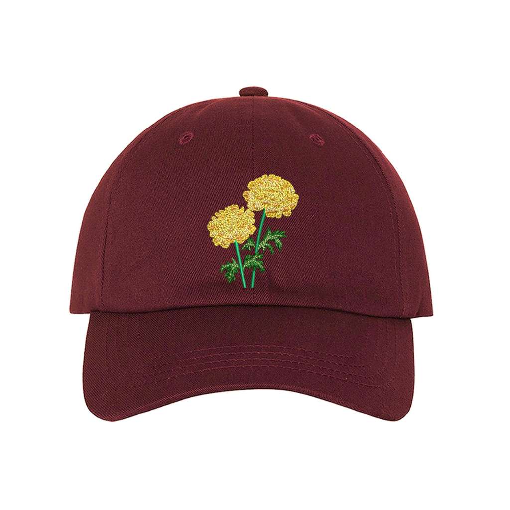 Burgundy Baseball cap embroidered with a Marigold Flower - DSY Lifestyle