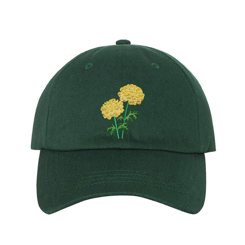 Forest Green Baseball cap embroidered with a Marigold Flower - DSY Lifestyle