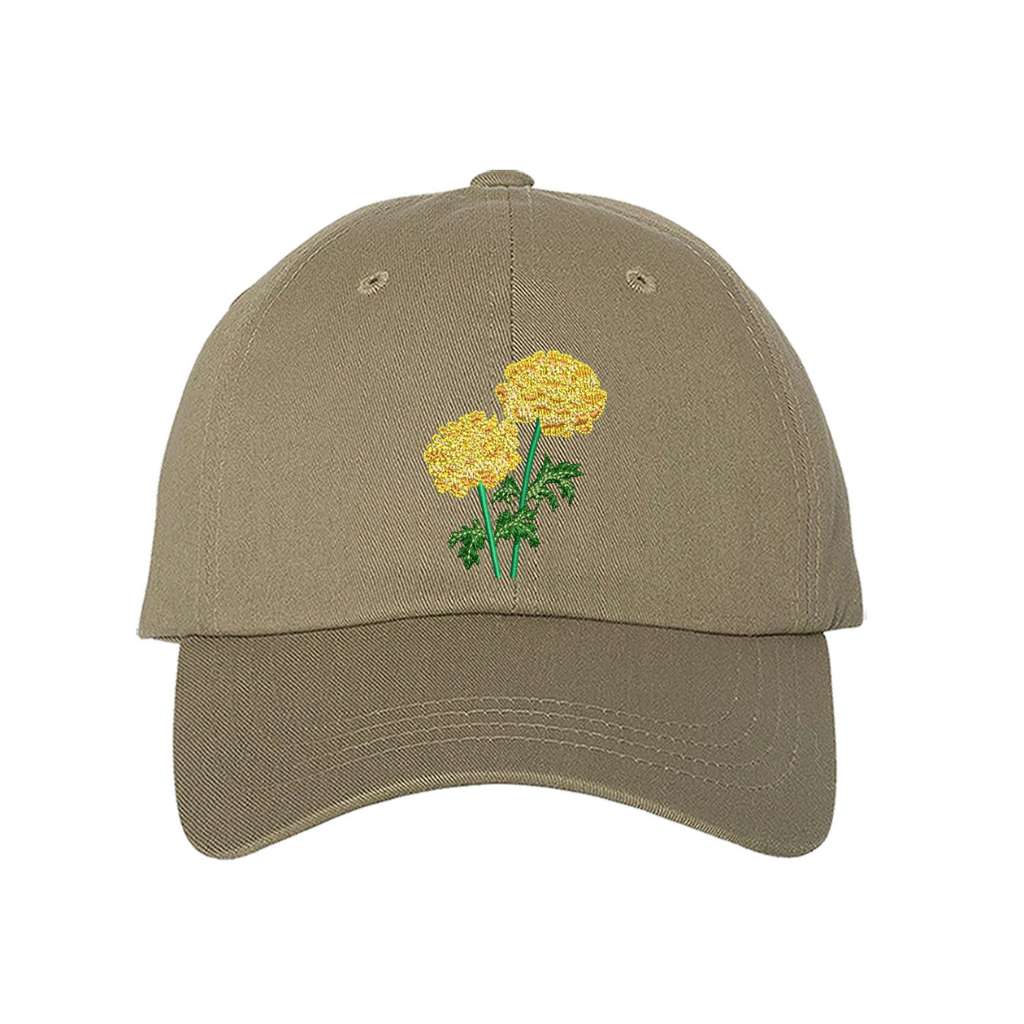 Khaki Baseball cap embroidered with a Marigold Flower - DSY Lifestyle