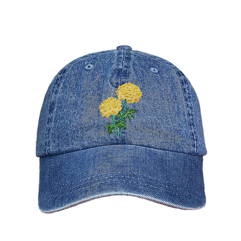 Light Denim Baseball cap embroidered with a Marigold Flower - DSY Lifestyle