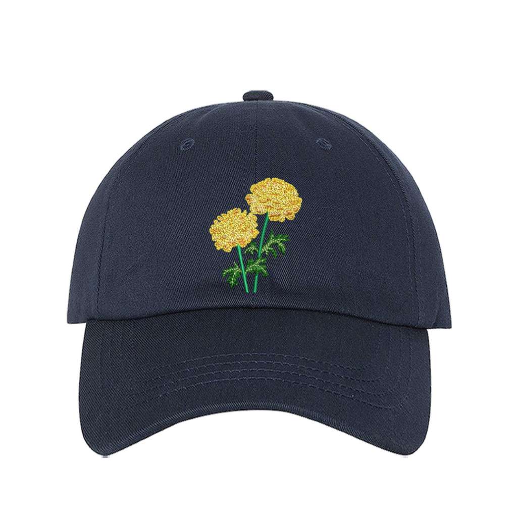 Navy Baseball cap embroidered with a Marigold Flower - DSY Lifestyle
