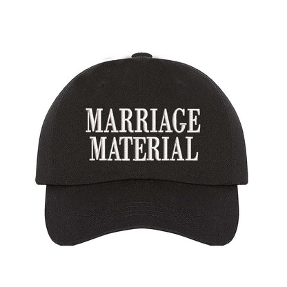 Black Marriage Material Embroidered Baseball Hat in soft cotton with pre-curved brim and adjustable hook and loop closure. DSY Lifestyle.