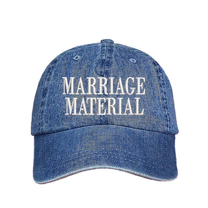 Light Denim Marriage Material Embroidered Baseball Hat in soft cotton with pre-curved brim and adjustable hook and loop closure. DSY Lifestyle.