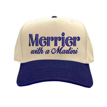 Natural Navy Blue Merrier With A Martini Two Tone 5-Panel Embroidered Baseball Hat featuring playful martini embroidery and adjustable snapback closure – DSY Lifestyle