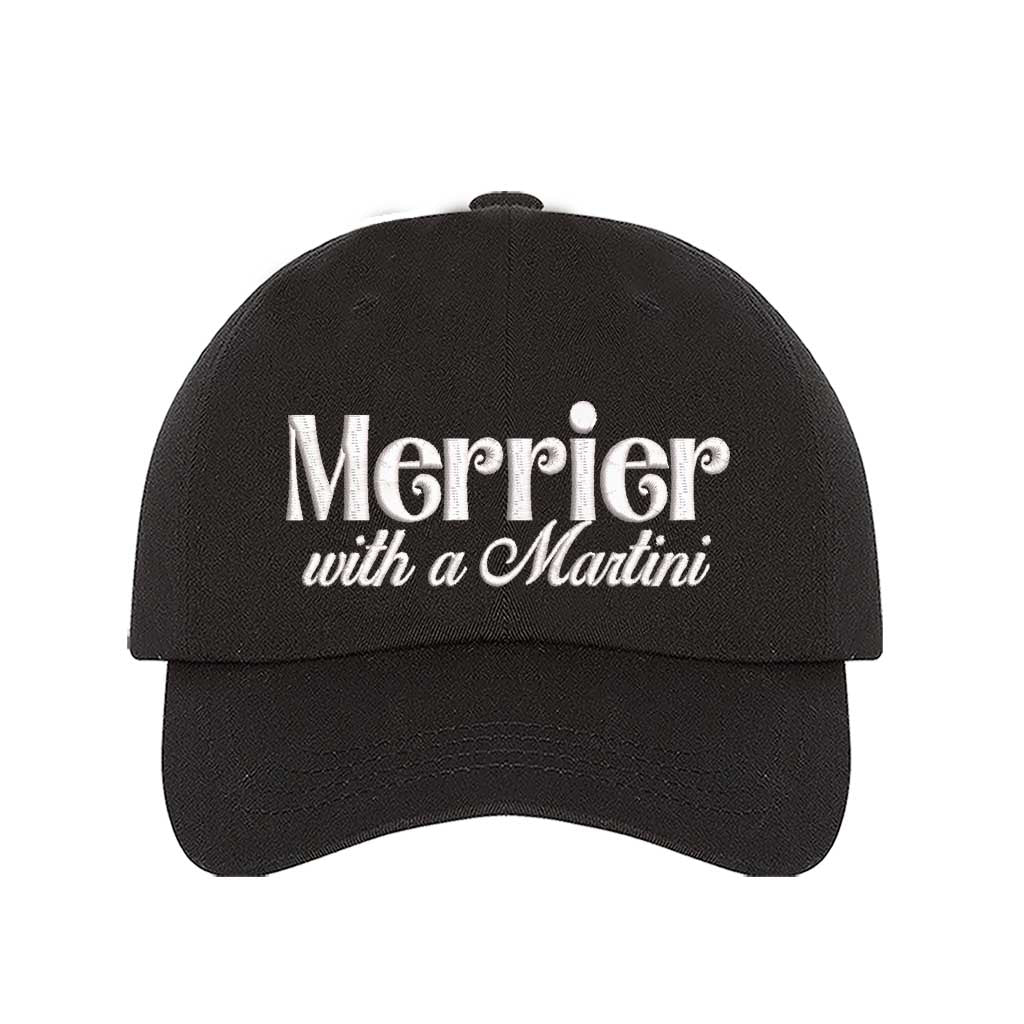 Black Merrier With A Martini Christmas Embroidered Baseball Hat featuring festive text design, adjustable hook and loop closure, and breathable cotton material – DSY Lifestyle