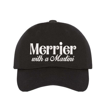 Black Merrier With A Martini Christmas Embroidered Baseball Hat featuring festive text design, adjustable hook and loop closure, and breathable cotton material – DSY Lifestyle