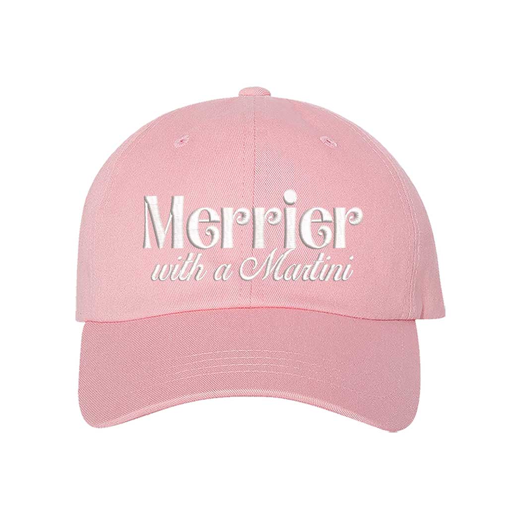 Light Pink Merrier With A Martini Christmas Embroidered Baseball Hat featuring festive text design, adjustable hook and loop closure, and breathable cotton material – DSY Lifestyle