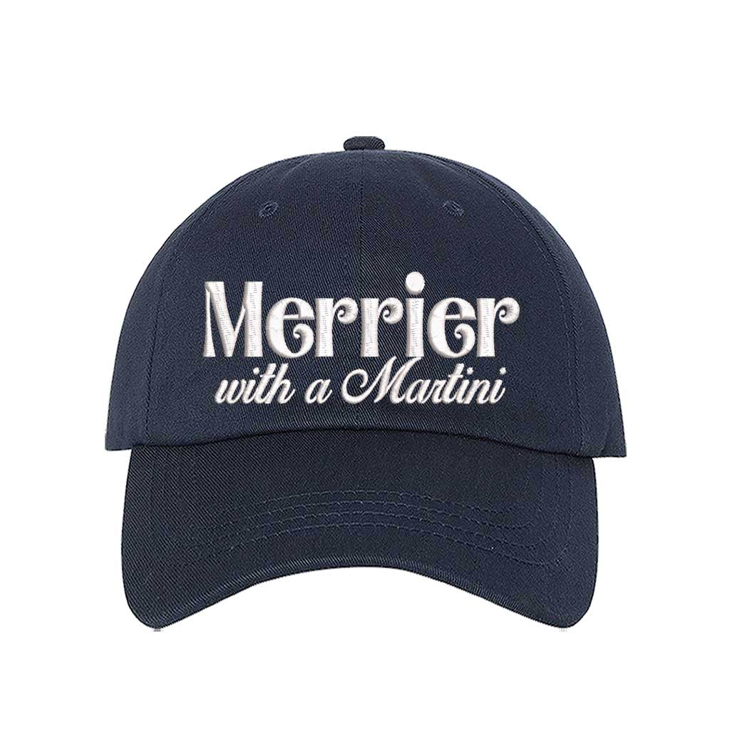 Navy Blue Merrier With A Martini Christmas Embroidered Baseball Hat featuring festive text design, adjustable hook and loop closure, and breathable cotton material – DSY Lifestyle