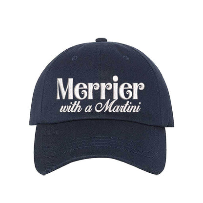Navy Blue Merrier With A Martini Christmas Embroidered Baseball Hat featuring festive text design, adjustable hook and loop closure, and breathable cotton material – DSY Lifestyle