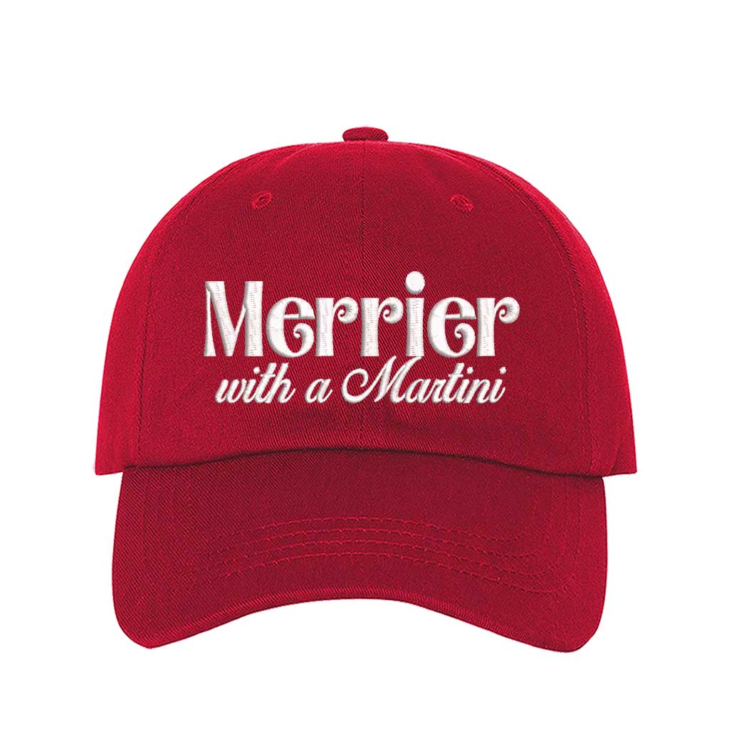Red Merrier With A Martini Christmas Embroidered Baseball Hat featuring festive text design, adjustable hook and loop closure, and breathable cotton material – DSY Lifestyle