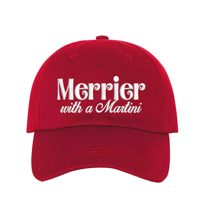Red Merrier With A Martini Christmas Embroidered Baseball Hat featuring festive text design, adjustable hook and loop closure, and breathable cotton material – DSY Lifestyle