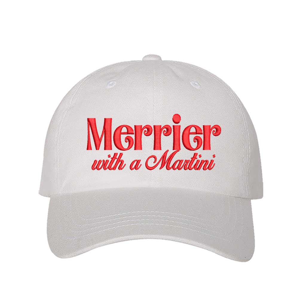 White Merrier With A Martini Christmas Embroidered Baseball Hat featuring festive text design, adjustable hook and loop closure, and breathable cotton material – DSY Lifestyle