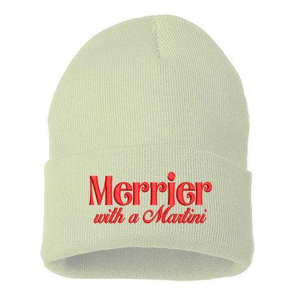 Cream with red thread Merrier With A Martini Christmas Embroidered Beanie Cap featuring playful holiday martini embroidery on a cozy winter knit hat – DSY Lifestyle