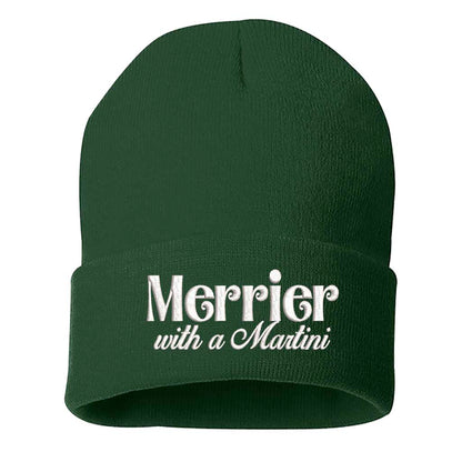 Forest Green Merrier With A Martini Christmas Embroidered Beanie Cap featuring playful holiday martini embroidery on a cozy winter knit hat – DSY Lifestyle