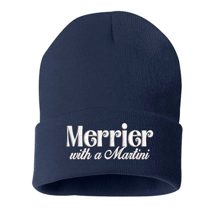 Navy Blue Merrier With A Martini Christmas Embroidered Beanie Cap featuring playful holiday martini embroidery on a cozy winter knit hat – DSY Lifestyle