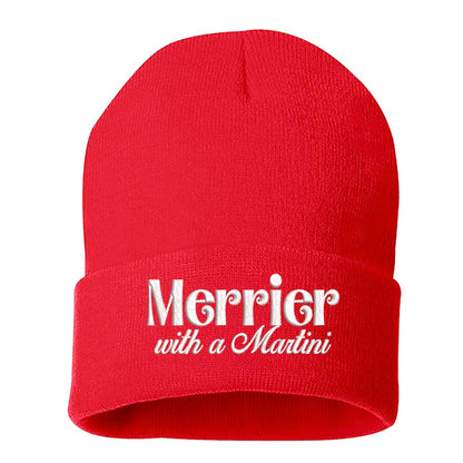 Red Merrier With A Martini Christmas Embroidered Beanie Cap featuring playful holiday martini embroidery on a cozy winter knit hat – DSY Lifestyle