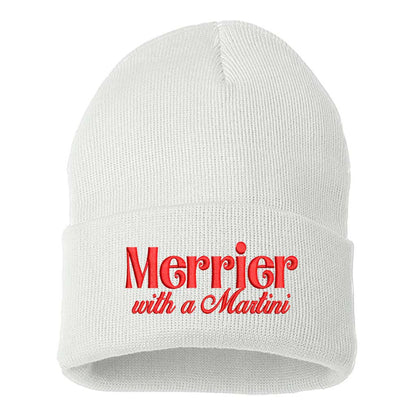 White with red thread Merrier With A Martini Christmas Embroidered Beanie Cap featuring playful holiday martini embroidery on a cozy winter knit hat – DSY Lifestyle